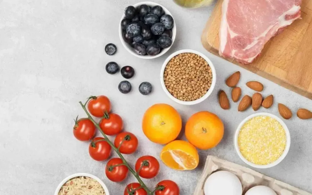 Fruit, nuts, meat in breakfast