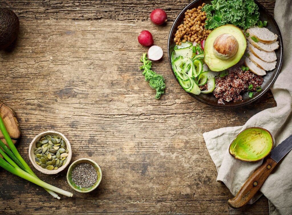 Breakfast power plate for healthy eating on wooden kitchen table