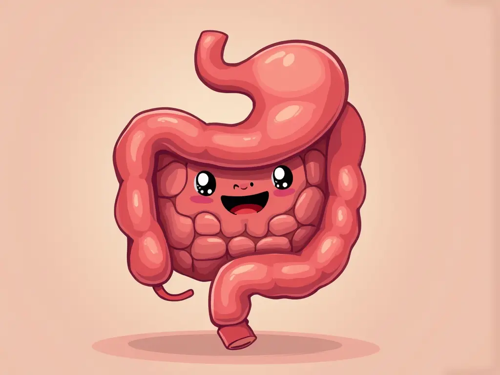 Cartoon of a smiling intestine character.
