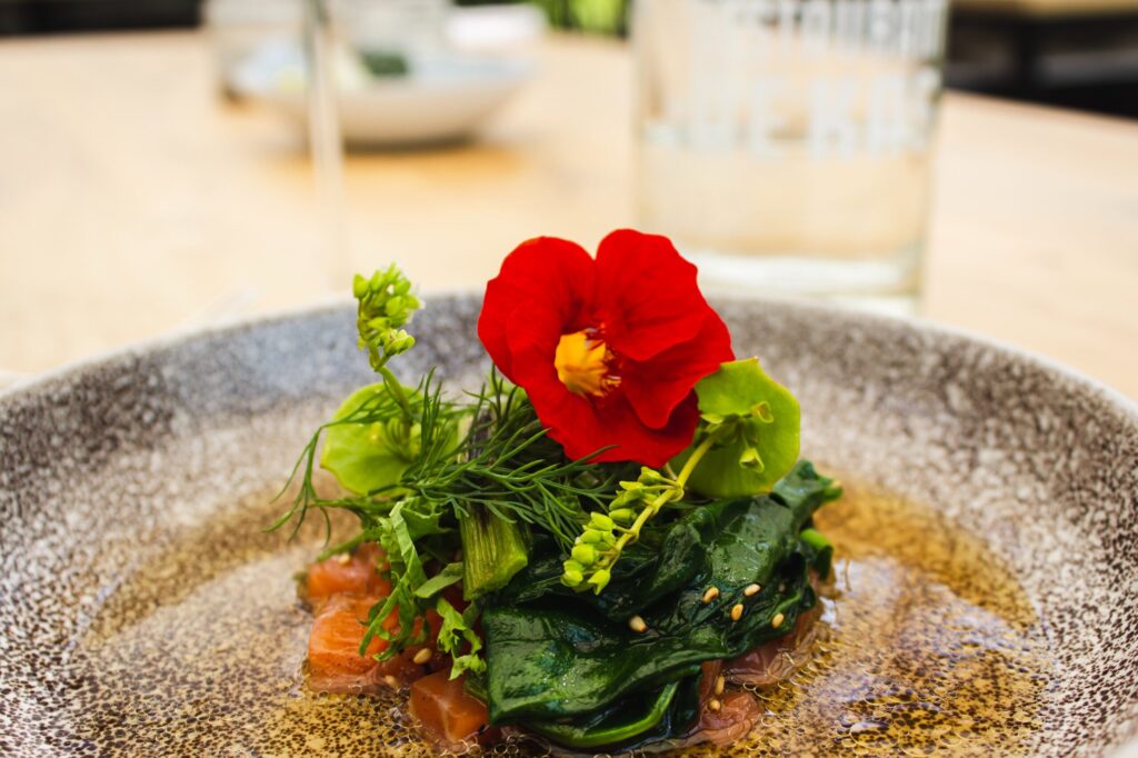 Gourmet dish with edible flower garnish.