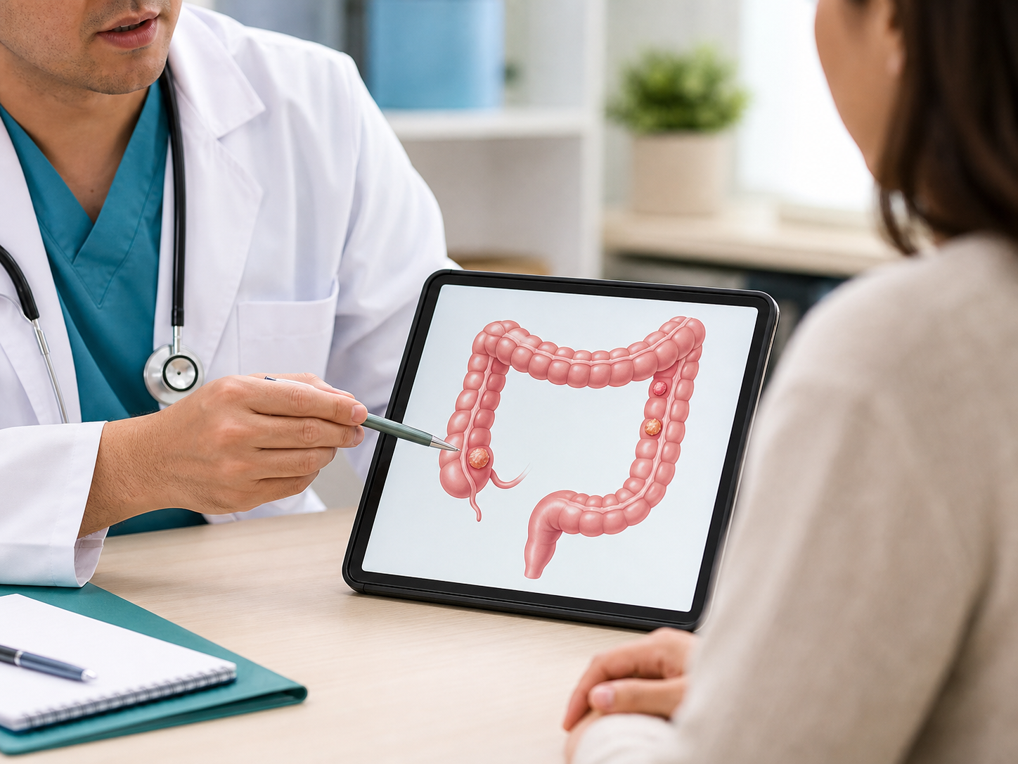 Why Colorectal Cancer Screening After Age 45 Matters 2 A gastroenterologist explains colon polyps and preventive screening with a tablet illustration.