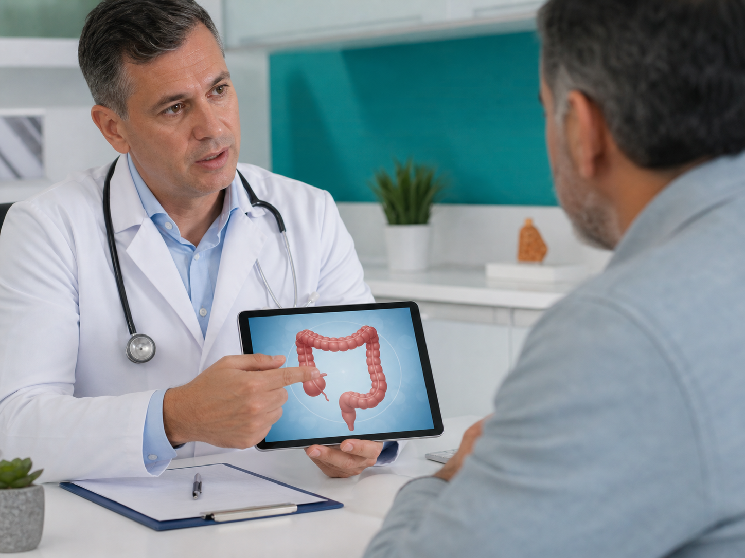 Early Signs of Digestive Problems and When to See a Gastroenterologist 2 A gastroenterologist reviews a colon health visual during a patient consultation.
