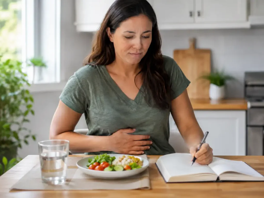 Woman tracking digestive symptoms at home