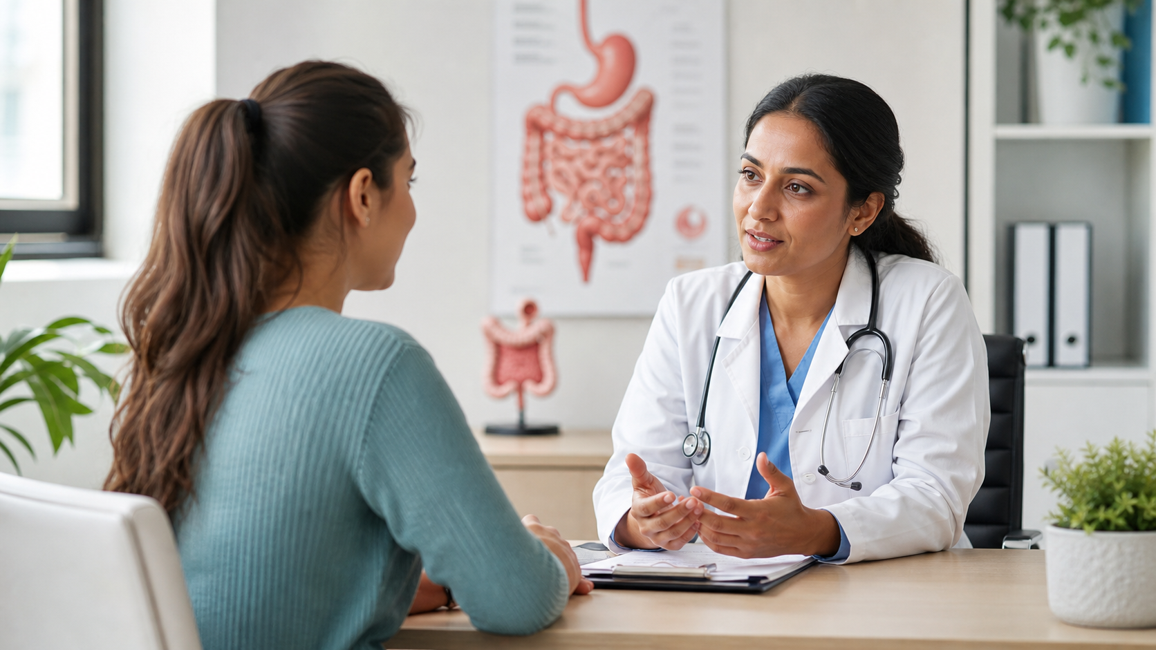 Blogs - Gastro Health & Nutrition | Digestive Wellness Tips 12 A gastroenterologist discusses early digestive symptoms with a patient in a clinic.