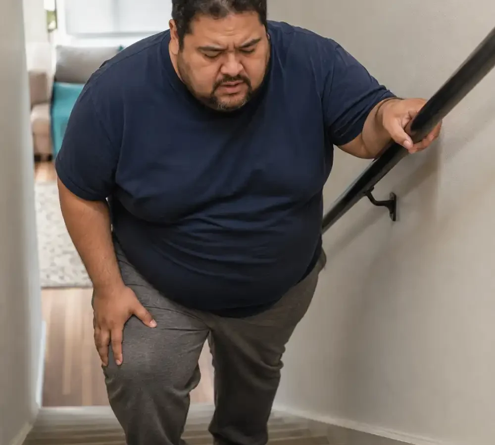 Obese man struggling to climb stairs